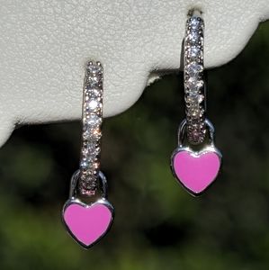 925 STERLING SILVER HOT PINK ENAMEL HEART DANGLE DIAMOND CRYSTAL CZ HUGGIE HOOPS